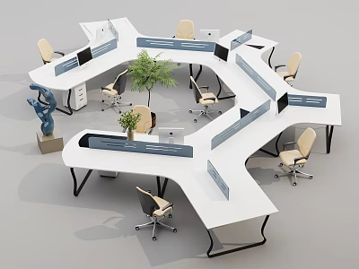 Modern Hexagonal Office Desk Layout With Dividers Chairs Potted Plant And Sculpture 3d model