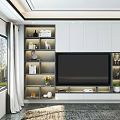 Modern TV Stand with Storage Shelves Decorative Items Flower Vase in Bright Living Room Interior