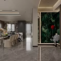 Modern Open Concept Dining Living Room Interior With Marble Table Chairs And Cabinets
