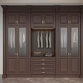 Dark Brown Wooden Wardrobe Interior With Glass Doors Clothing Rod And Drawers
