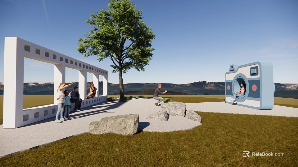 Outdoor Garden Decorative Structure with Tree People Sitting Rocks and Mountain View 3d model 