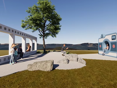 Outdoor Garden Decorative Structure with Tree People Sitting Rocks and Mountain View 3d model