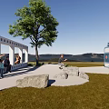 Outdoor Garden Decorative Structure with Tree People Sitting Rocks and Mountain View