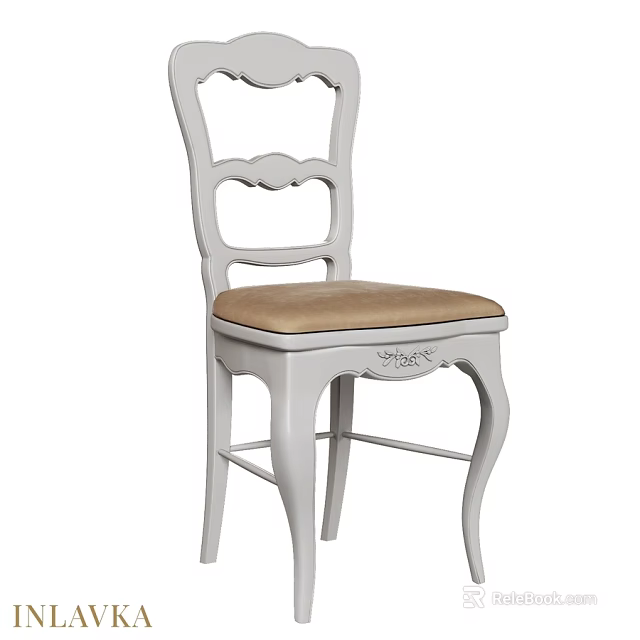 Elegant White Carved Single Chair with Brown Padded Seat and Classic Design 3d model 