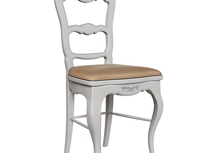 Elegant White Carved Single Chair with Brown Padded Seat and Classic Design 3d model