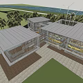 Modern Hotel Building Featuring Glass Facade Flat Roof And Green Surroundings With Wind Turbines