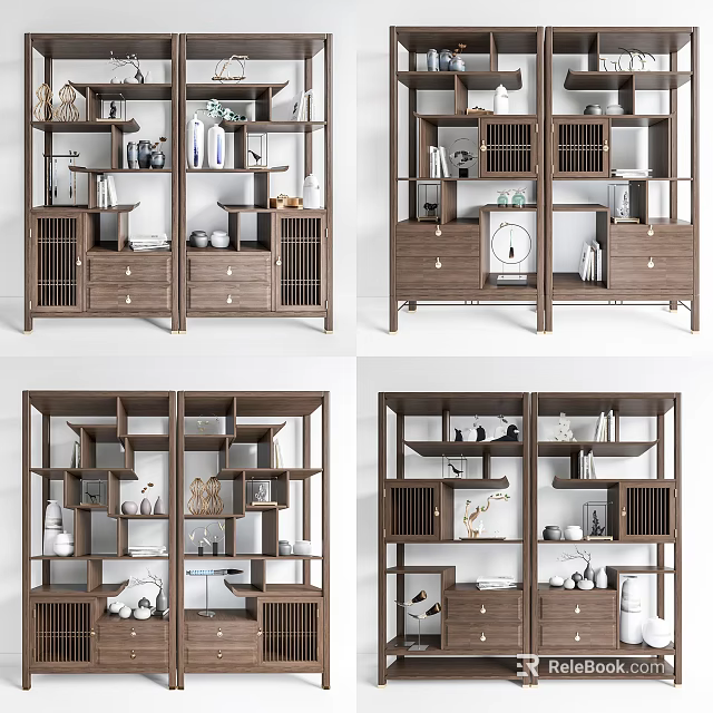 Modern Wooden Bookcase Design With Open Shelves Drawers And Decorative Items 3d model 
