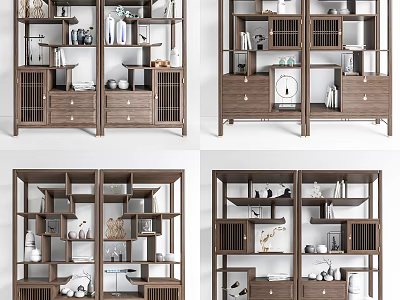 Modern Wooden Bookcase Design With Open Shelves Drawers And Decorative Items 3d model