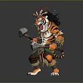 Fierce Tiger Warrior Character With Feather Headdress And Axes In Battle Stance