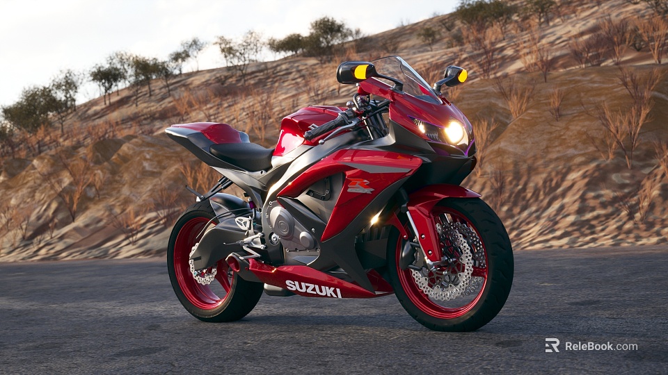Red Suzuki Motorcycle With Red Wheels On Outdoor Arid Road 3d model 