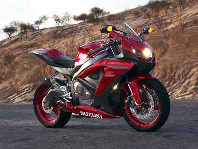 Red Suzuki Motorcycle With Red Wheels On Outdoor Arid Road 3d model