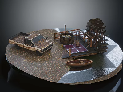 Model Scene With Toy Truck Watermill Boat Well Gravel Ground And Water Surface 3d model