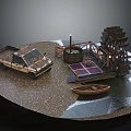 Model Scene With Toy Truck Watermill Boat Well Gravel Ground And Water Surface