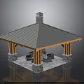 Open Pavilion Structure With Gray Slate Roof Wooden Columns Stone Bases And Seating Area
