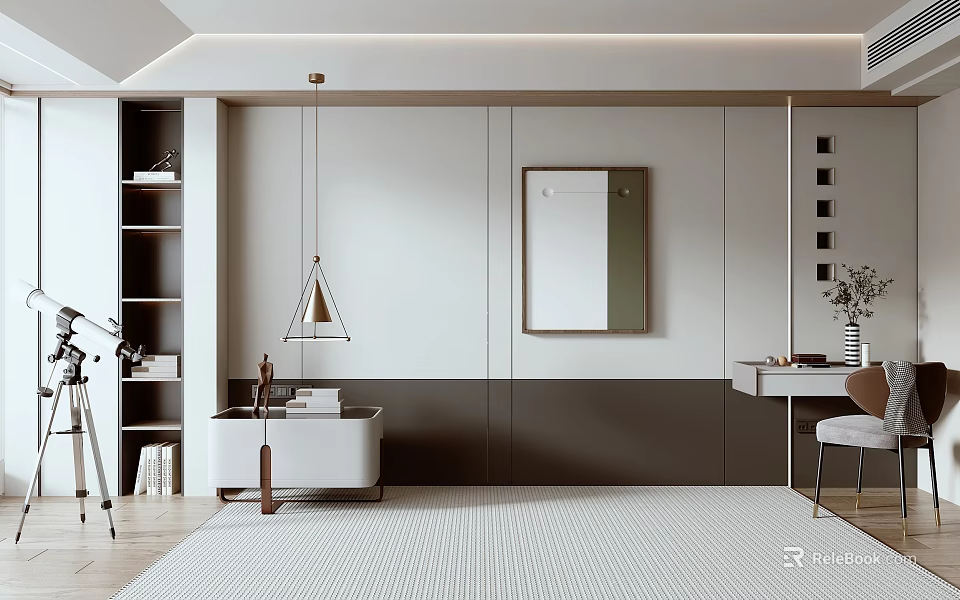 Modern Elegant Sofa Background Wall With White Gray Minimalist Storage Cabinet Mirror And Pendant Light 3d model 
