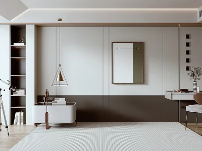Modern Elegant Sofa Background Wall With White Gray Minimalist Storage Cabinet Mirror And Pendant Light 3d model