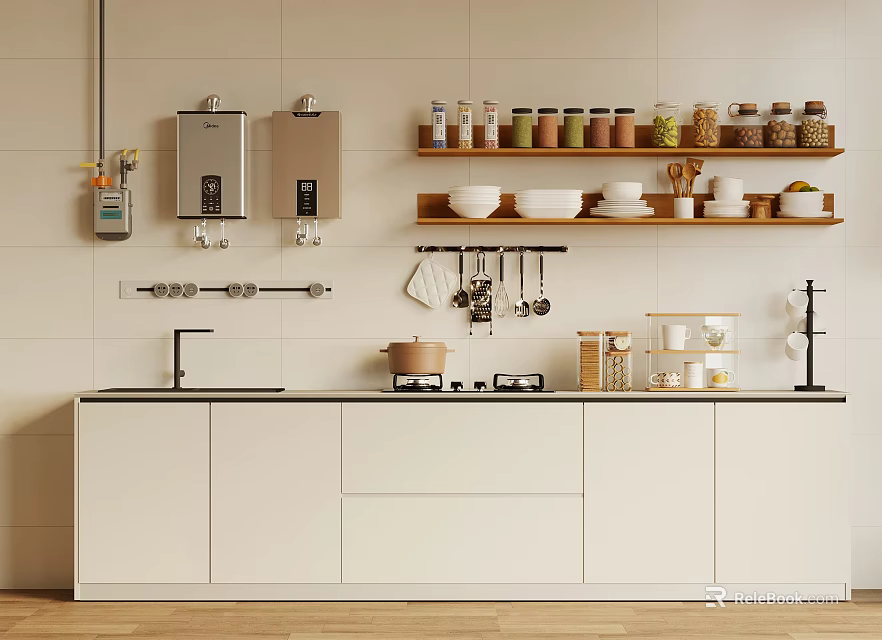 Modern Kitchen Interior With White Cabinets Organized Shelves And Utensils 3d model 