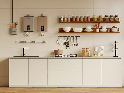 Modern Kitchen Interior With White Cabinets Organized Shelves And Utensils 3d model