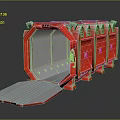 Cartoon Scene Featuring Red Mechanical Device With Large Entrance Ramp And Vibrant Metal Details