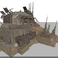 Ruined Fortress Structure With Stone Base Metal Plates Tilted Spires And Antennas