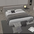 Modern Double Bed Interior With Upholstered Headboard Plaid Bedspread Nightstand Lamp And Foot Bench
