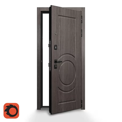 Modern Dark Wood Grain Hinged Door With Circular Pattern And Lock 3d model
