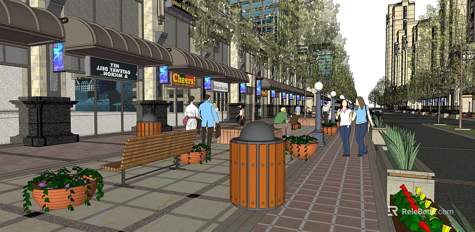 Vibrant Commercial Street With Shops Awnings Pedestrians Benches Trash Cans And Flower Pots 3d model 