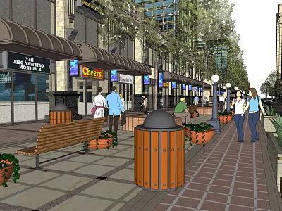 Vibrant Commercial Street With Shops Awnings Pedestrians Benches Trash Cans And Flower Pots 3d model