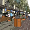 Vibrant Commercial Street With Shops Awnings Pedestrians Benches Trash Cans And Flower Pots