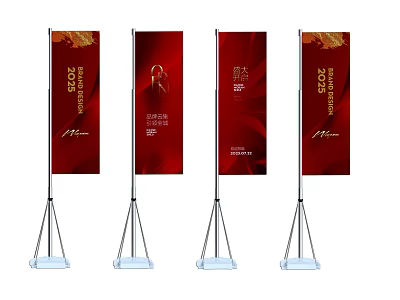 Red Decorative Banners With Golden Text And Tripod Stand Displays 3d model