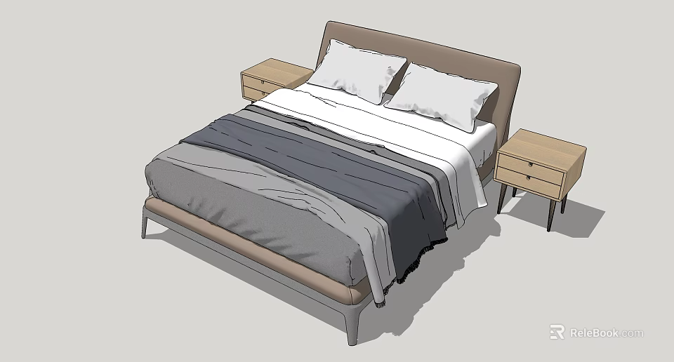 Modern Double Bed with Headboard Two Nightstands Gray White Bed Sheets and White Pillows 3d model