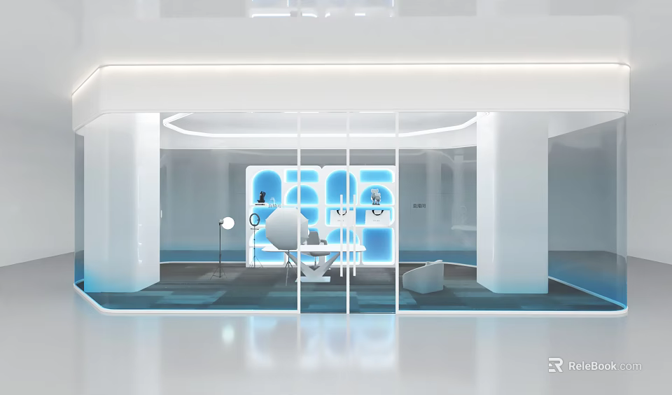 Modern Showroom Interior Design With Glass Walls Blue Display Shelves White Furniture And Ambient Lighting 3d model 