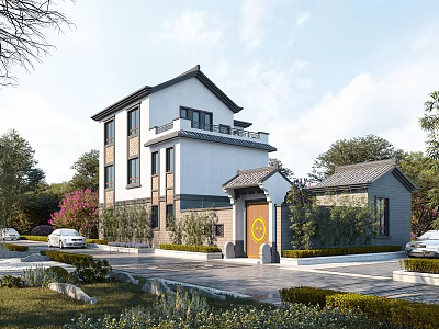 Traditional Chinese Detached Villa Exterior With Courtyard Gate And Lush Greenery 3d model