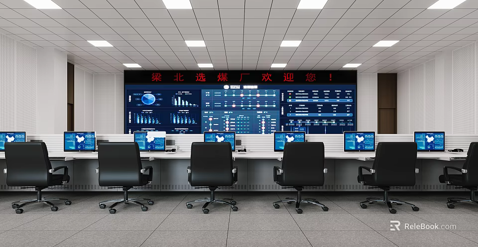 Modern Monitoring Room Interior With Large Display Screen Multiple Monitors And Control Desks 3d model 