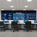 Modern Monitoring Room Interior With Large Display Screen Multiple Monitors And Control Desks