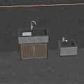 Two Modern Washbasins With Stone Surface And Wooden Cabinet Doors