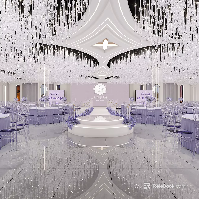 Elegant Banquet Hall Featuring White Chandeliers Purple Decorations White Stage And Tables Chairs 3d model 