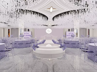 Elegant Banquet Hall Featuring White Chandeliers Purple Decorations White Stage And Tables Chairs 3d model