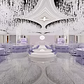 Elegant Banquet Hall Featuring White Chandeliers Purple Decorations White Stage And Tables Chairs