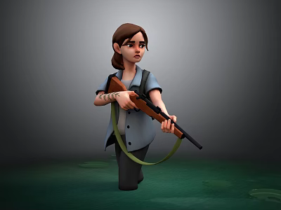 Cartoon Female Character Holding Rifle in Dark Background with Green Biological Stains 3d model