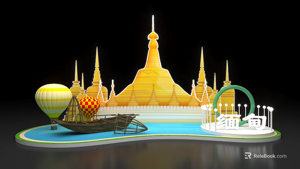 Myanmar Themed Display With Golden Pagoda Hot Air Balloons And Boat 3d model 