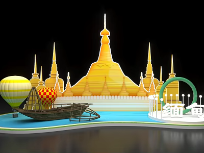 Myanmar Themed Display With Golden Pagoda Hot Air Balloons And Boat 3d model