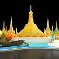 Myanmar Themed Display With Golden Pagoda Hot Air Balloons And Boat