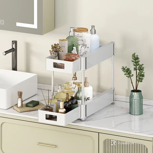 Two Tiered White Bathroom Storage Shelf Organizing Toiletries On Countertop 3d model 