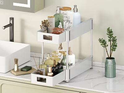 Two Tiered White Bathroom Storage Shelf Organizing Toiletries On Countertop 3d model