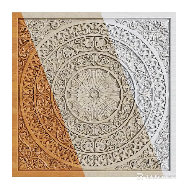 Intricate Decorative Panel with Circular Center and Layered Patterns in Light Wood and Beige 3d model 