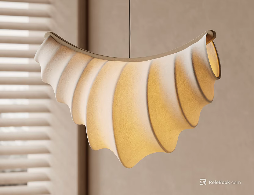 Shell Shaped Pendant Light with Cream Colored Wavy Edges and Window Blinds Background 3d model