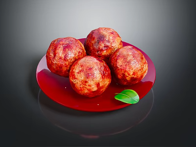 Appetizing Four Baked Meatballs Served on Red Plate with Fresh Green Leaf 3d model