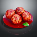 Appetizing Four Baked Meatballs Served on Red Plate with Fresh Green Leaf