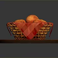 Fresh Orange Potatoes in Wicker Basket with Red Cloth on Brown Plate